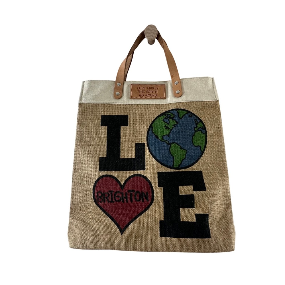 Brighton Love Makes The‎ Earth Go Round Burlap Jute Tote Bag Leather Handles